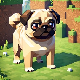 pug as a minecraft character in pixel graphics, capturing the charm of the blocky minecraft universe.