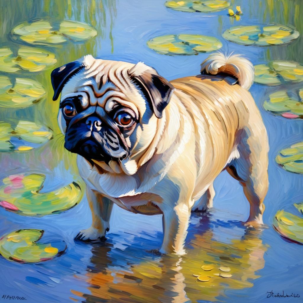 pug in the style of monet, featuring delicate brush strokes and a classic, artistic appearance.