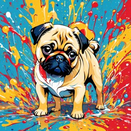 pug in pollock's drip technique, capturing dynamic and colorful modern art.