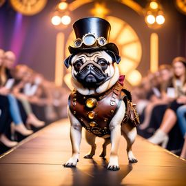 pug-strutting-fashion-show-catwalk-steampunk-outfit-leather-harnesses-brass-gears-top-hat-06f446a02f8c4ad0a6f753ee0cc6886a