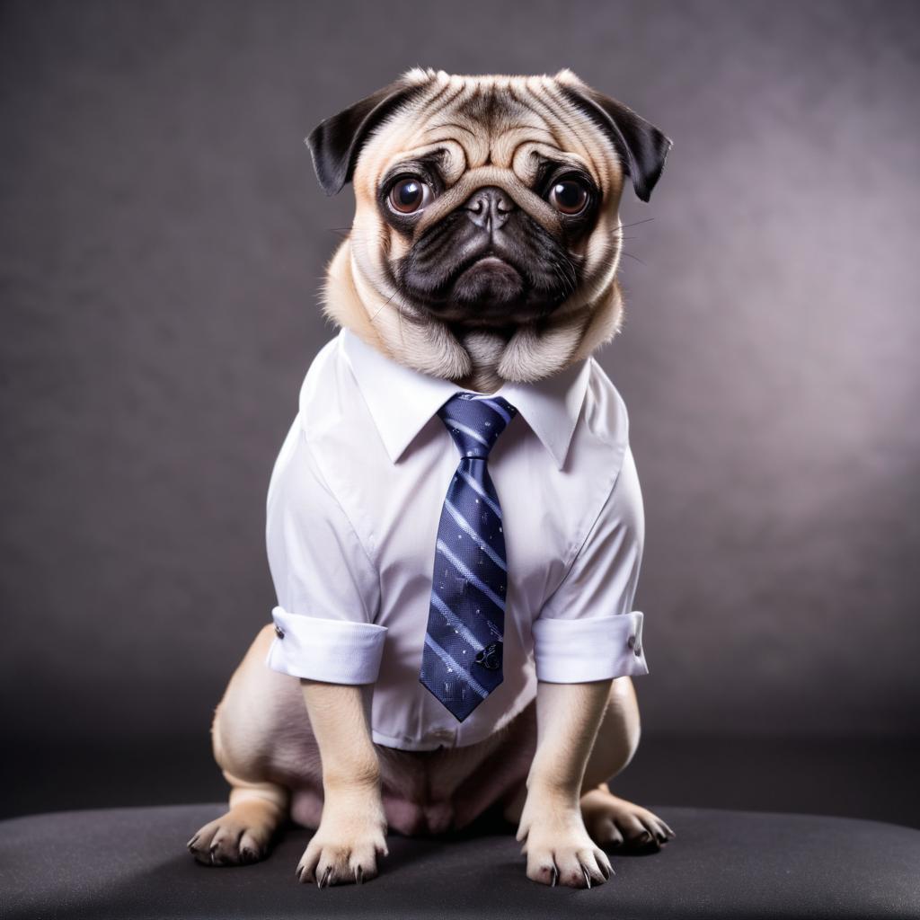 pug in a stylish shirt and tie, with a diffused background, capturing their cute and professional side.