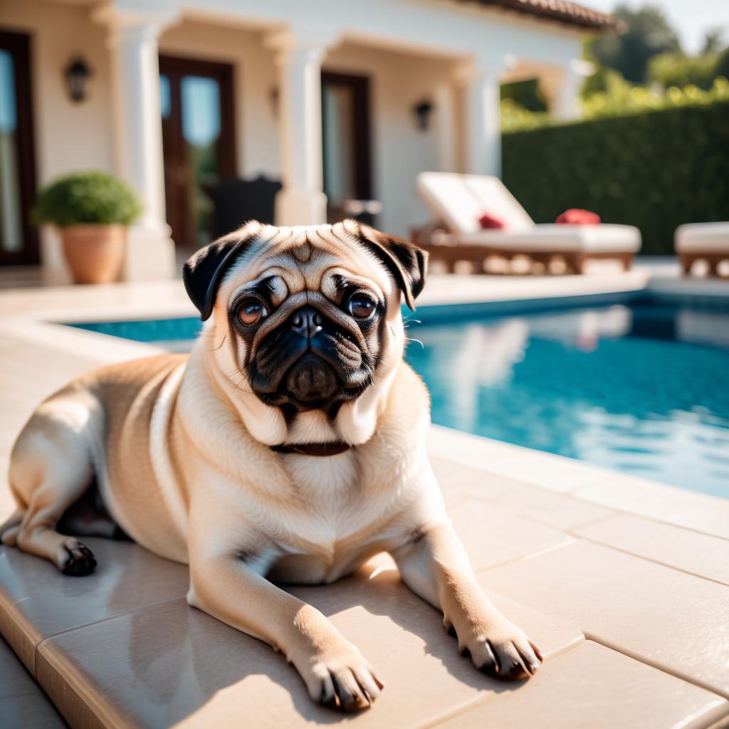 pug suntanning next to a luxurious villa pool, capturing a posh and happy moment.