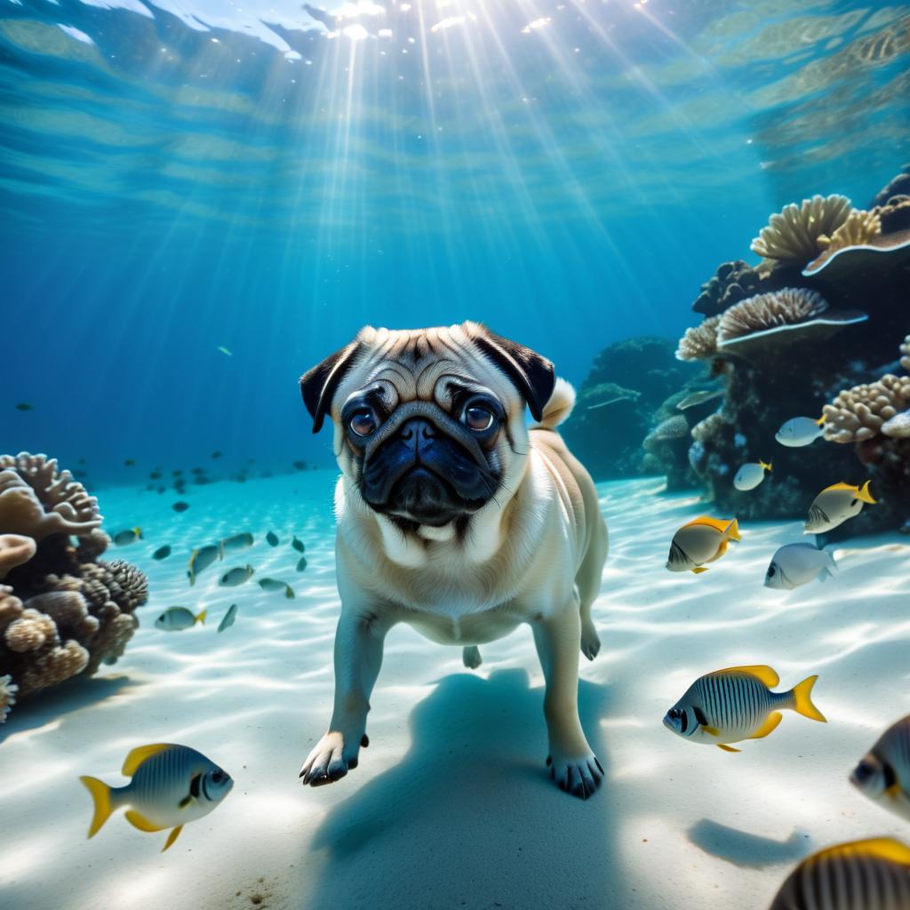 pug swimming in a vibrant blue ocean with fish and coral reef, capturing a sunny and happy underwater scene.