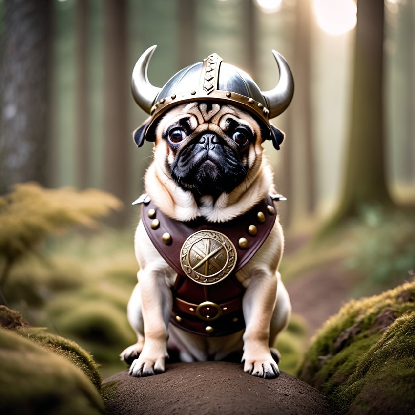 pug as a viking, wearing traditional armor and helmet, set in a detailed viking environment.