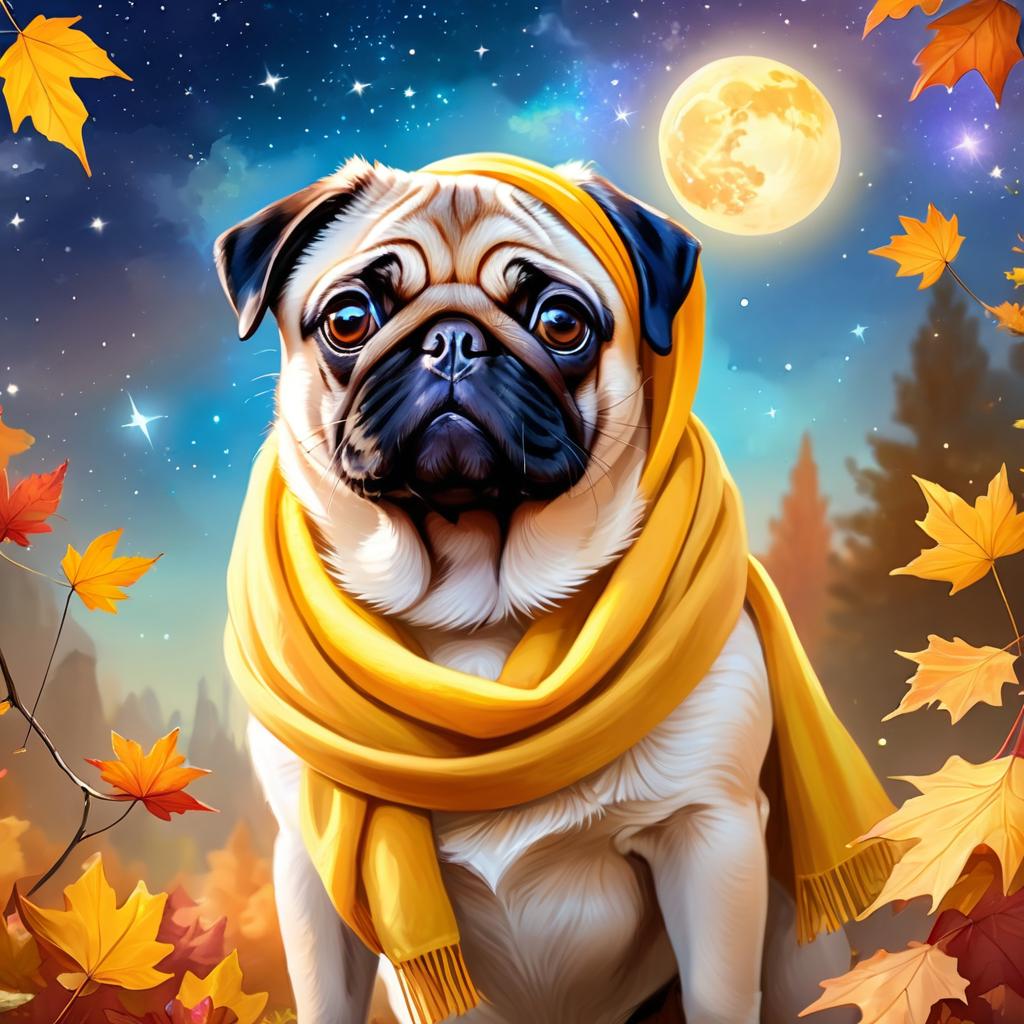 pug in a yellow scarf, ethereal and magical style.