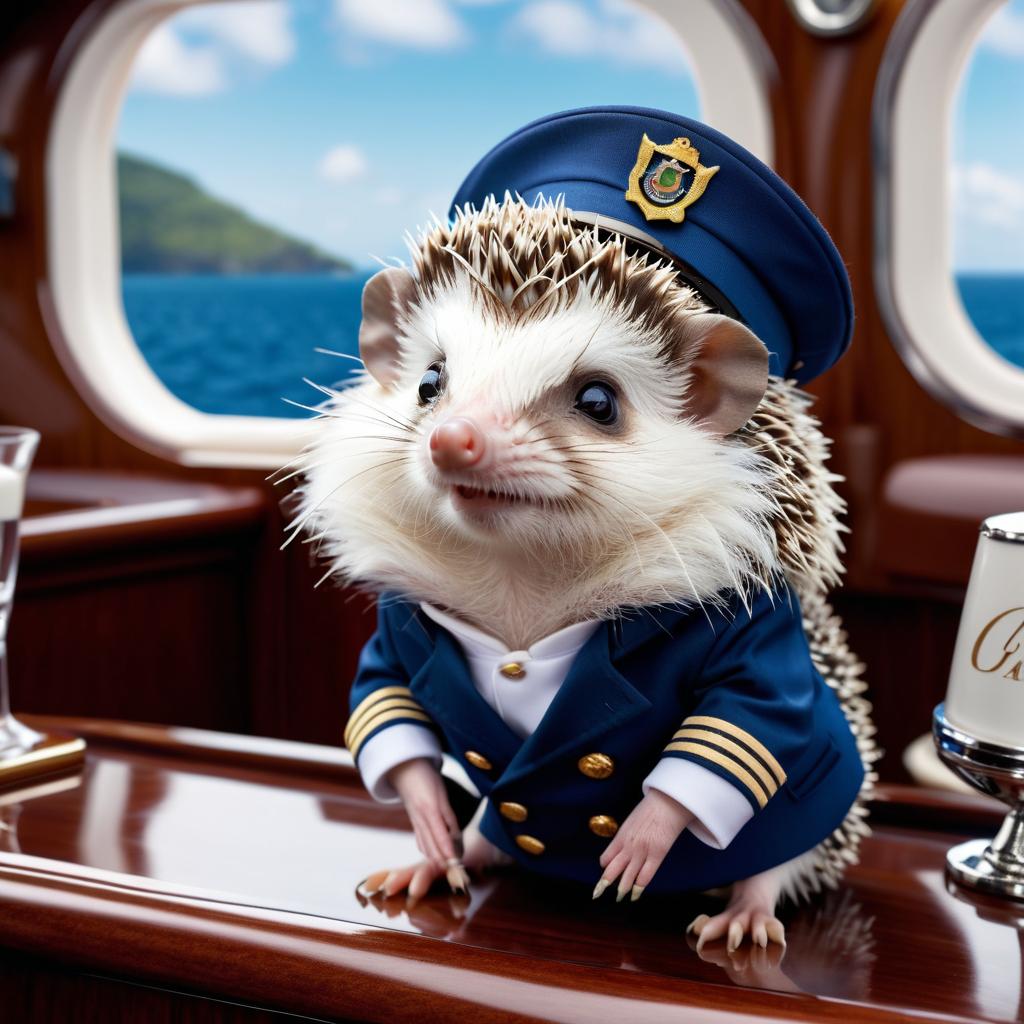 african pygmy hedgehog as a captain on a luxury yacht, wearing captain uniform, highly detailed.