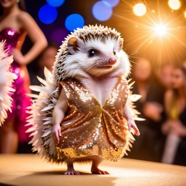 african pygmy hedgehog strutting down the fashion show catwalk stage in a sparkling sequined dress with a feathered boa, high energy and dramatic.