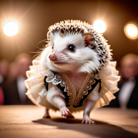 african pygmy hedgehog strutting down the fashion show catwalk stage in a vintage victorian outfit with lace and ruffles, high energy and majestic.