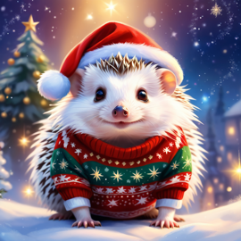 african pygmy hedgehog in a christmas sweater and santa hat, ethereal and magical.