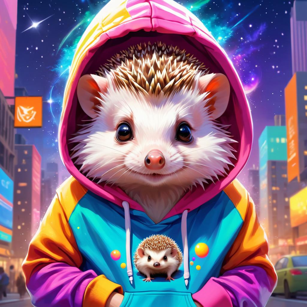 african pygmy hedgehog in a colorful hoodie, with a magical urban background highlighting a cute and happy vibe.