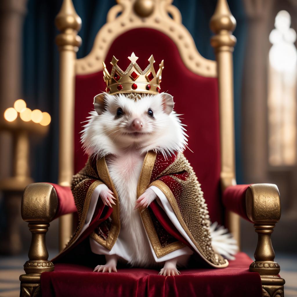 african pygmy hedgehog as a king in a magical castle, wearing a crown and robe, seated on a throne.