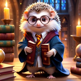 african pygmy hedgehog as harry potter, with glasses and a magical hogwarts setting, evoking a celestial and epic feel.