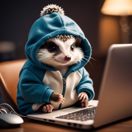 african pygmy hedgehog as a programmer, working on a laptop in a hoodie, capturing a cute and happy moment.