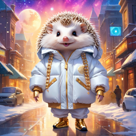 african pygmy hedgehog in a white puffer coat with golden hip hop chains, in a posh urban environment, looking cute and happy.