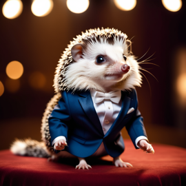 african pygmy hedgehog in a classy suit on a fashion stage, showcasing elegance and charm in a highly detailed, epic scene.