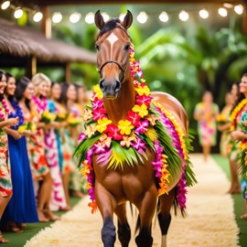 quarter horse horse strutting down the fashion show catwalk stage in a vibrant hawaiian shirt and a floral lei, high energy and joyful.