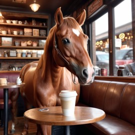 quarter horse horse sitting in a cozy coffee shop, lifelike and detailed.