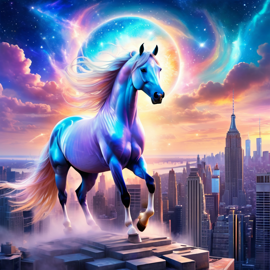 quarter horse horse in new york depicted in ethereal fantasy art, with a magical and celestial backdrop.