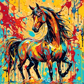 quarter horse horse in pollock's drip technique, capturing dynamic and colorful modern art.