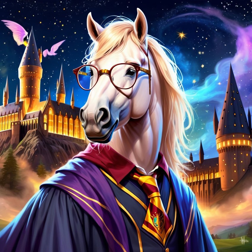 quarter horse horse as harry potter, with glasses and a magical hogwarts setting, evoking a celestial and epic feel.