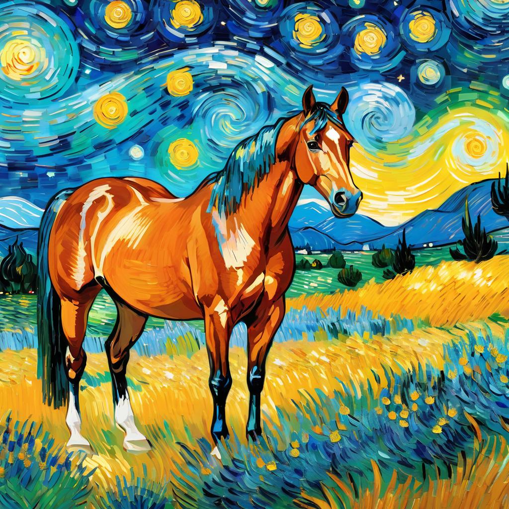 quarter horse horse by van gogh, featuring starry night brush strokes, capturing a cute and happy expression.