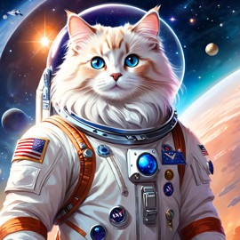 ragdoll cat as astronaut in space, ethereal and magical style, wearing spacesuit.