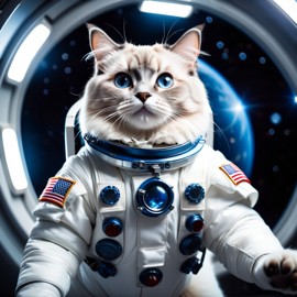 ragdoll cat as astronaut in space, wearing spacesuit, with spacestation background.