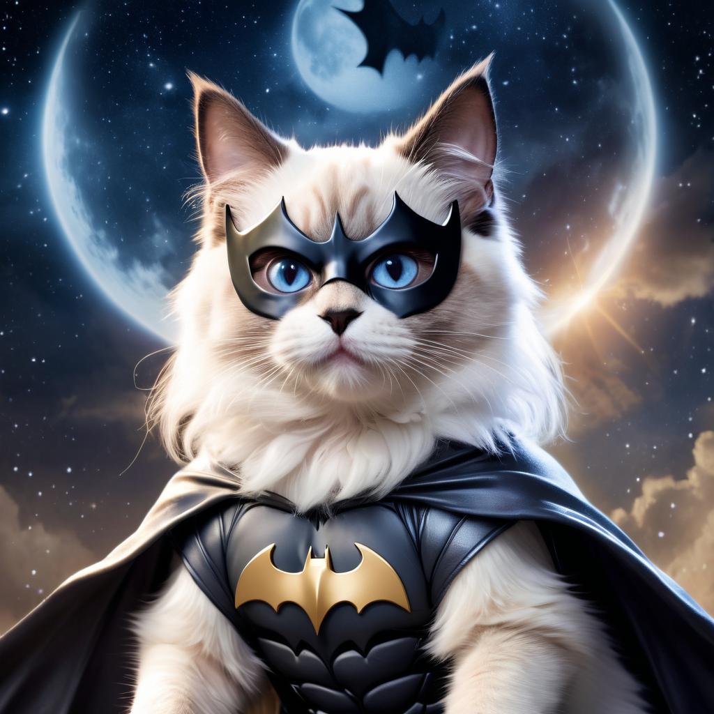 ragdoll cat as batman, ethereal and majestic, wearing batman suit and mask.