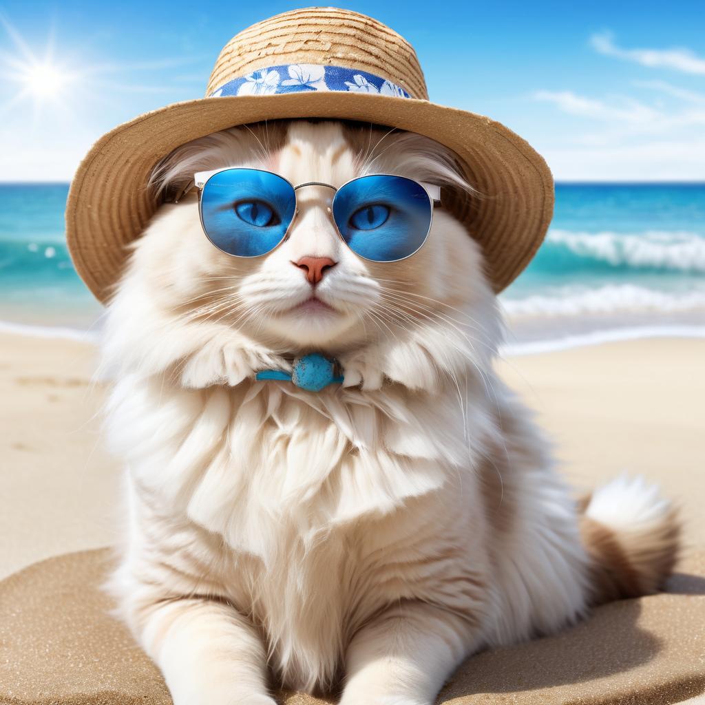 ragdoll cat on a beach with white sand and blue sea, wearing sunglasses and summer hat.