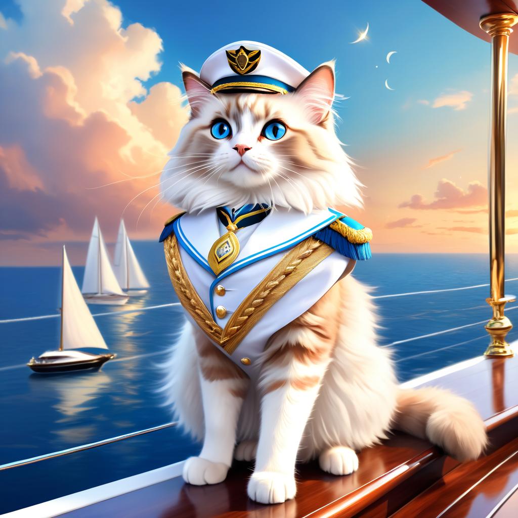 ragdoll cat as a captain on a luxury yacht, wearing captain uniform, ethereal and majestic.