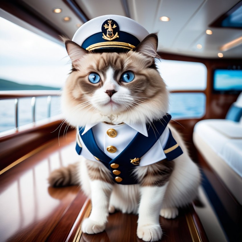 ragdoll cat as a captain on a luxury yacht, wearing captain uniform, against a blue sea.