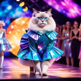 ragdoll cat strutting down the fashion show catwalk stage in an extravagant cosmic-themed outfit with iridescent fabrics, high energy and extravagant.