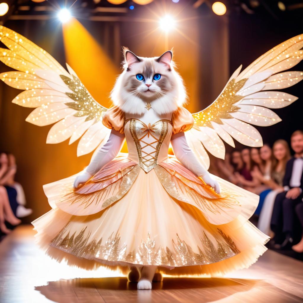 ragdoll cat strutting down the fashion show catwalk stage in a magical fairytale dress with glittering wings, high energy and magical.