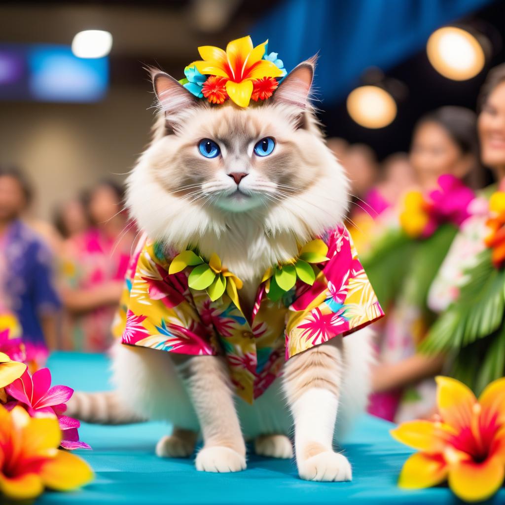 ragdoll cat strutting down the fashion show catwalk stage in a vibrant hawaiian shirt and a floral lei, high energy and joyful.