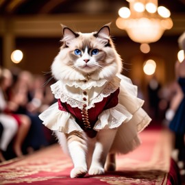 ragdoll cat strutting down the fashion show catwalk stage in a vintage victorian outfit with lace and ruffles, high energy and majestic.