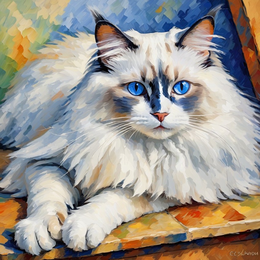 ragdoll cat in the style of cezanne, highlighting classic brush strokes and an elegant, timeless look.