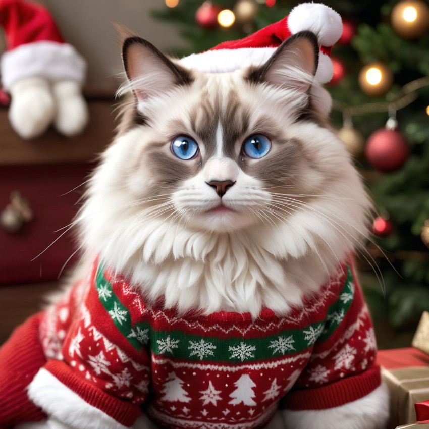 ragdoll cat in a christmas sweater and santa hat, lifelike and festive.