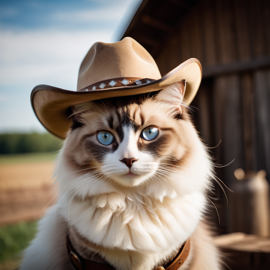 ragdoll cat as a cowboy wearing a hat, in the midwest countryside, on a farm.