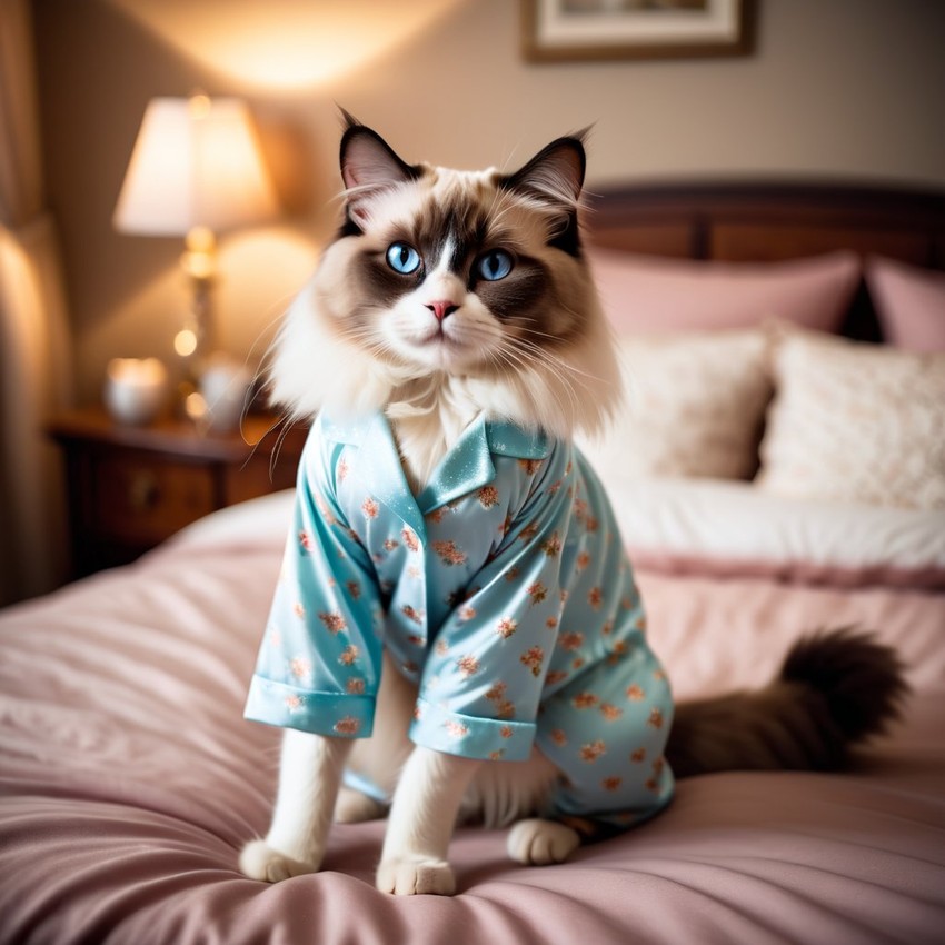 ragdoll cat in cute pyjamas, relaxing in a beautiful posh bedroom, highlighting happiness and coziness.