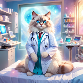 ragdoll cat as a doctor in a magical hospital setting, ethereal and dreamy with celestial details.