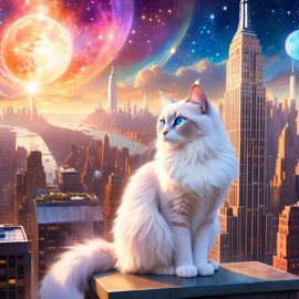 ragdoll cat in new york depicted in ethereal fantasy art, with a magical and celestial backdrop.