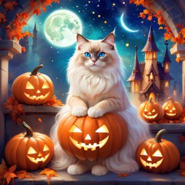 ragdoll cat in a halloween costume, with a magical and ethereal atmosphere surrounded by pumpkins.