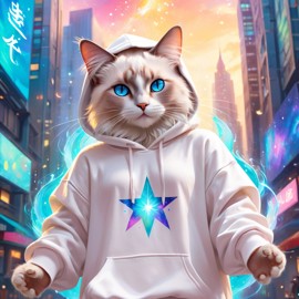 ragdoll cat in a white hoodie, featuring a magical and ethereal urban setting with a cute and happy vibe.