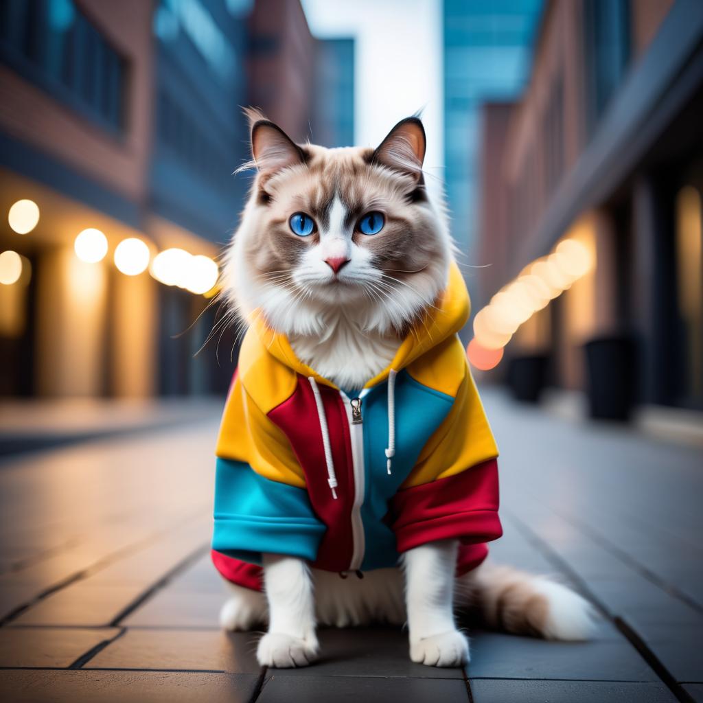 ragdoll cat in a colorful hoodie, set in a modern urban environment with a stylish and trendy vibe.