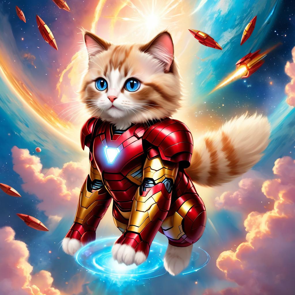 ragdoll cat as iron man, showcasing a celestial, painterly style with a magical iron man costume.