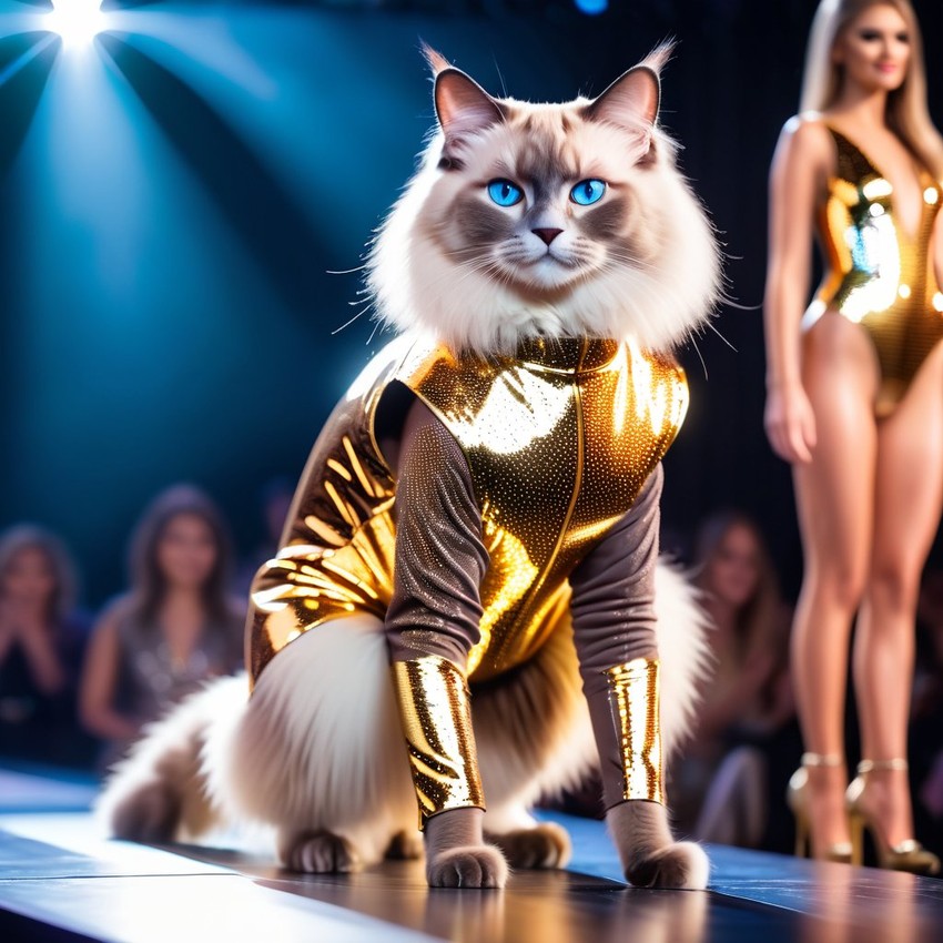 ragdoll cat strutting down the fashion show catwalk stage in a sleek metallic bodysuit with led accents, high energy and dramatic.