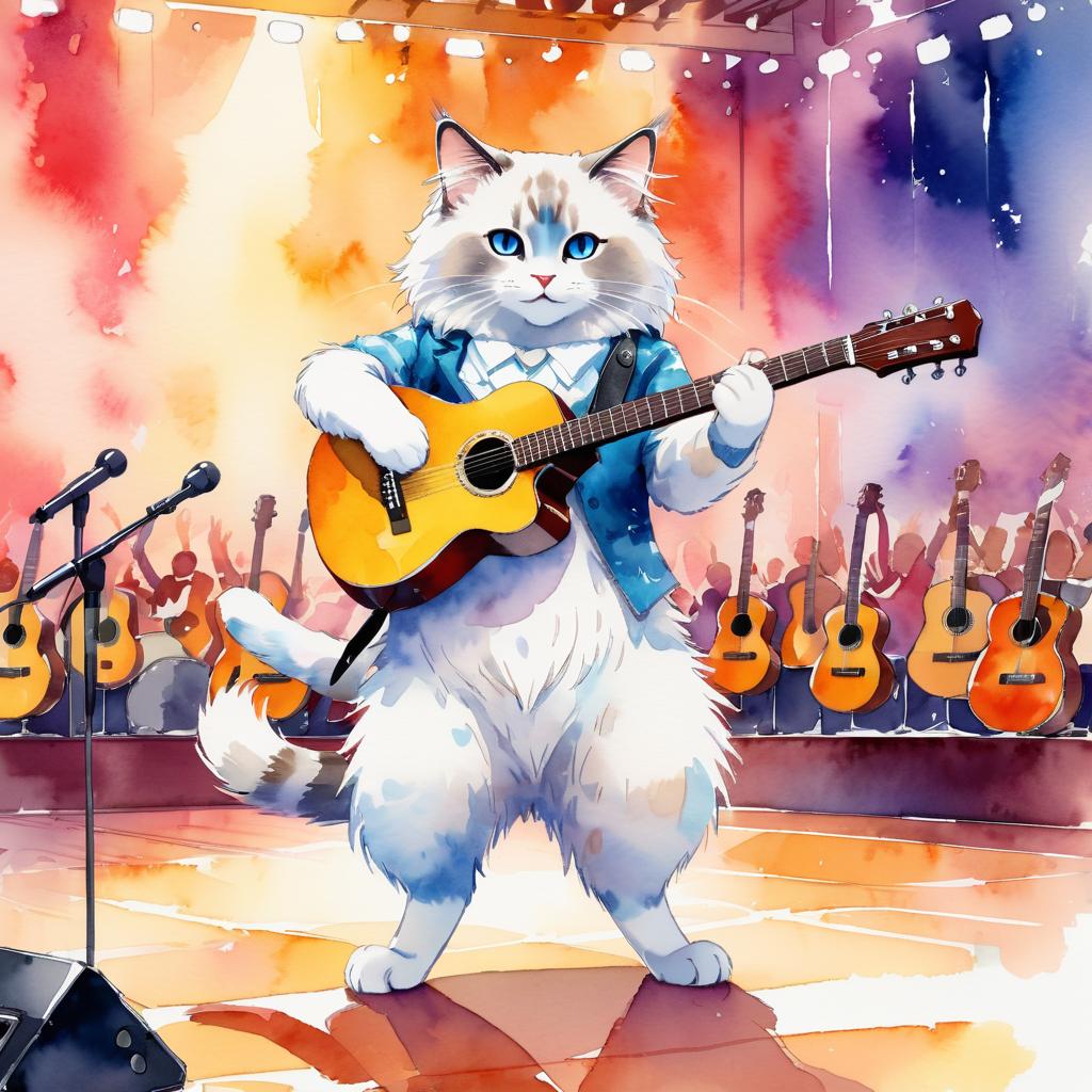 ragdoll cat as a musician in a watercolor painting, playing guitar in a vibrant and detailed concert hall scene.