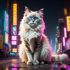 ragdoll cat in a vibrant neon city with chinapunk style, featuring captivating lighting and a modern, exotic look.