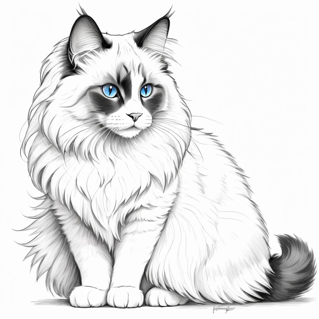 pencil sketch drawing of ragdoll cat, detailed line art in black and white, capturing a timeless and elegant representation.