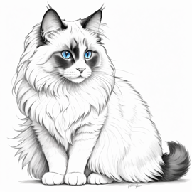 pencil sketch drawing of ragdoll cat, detailed line art in black and white, capturing a timeless and elegant representation.